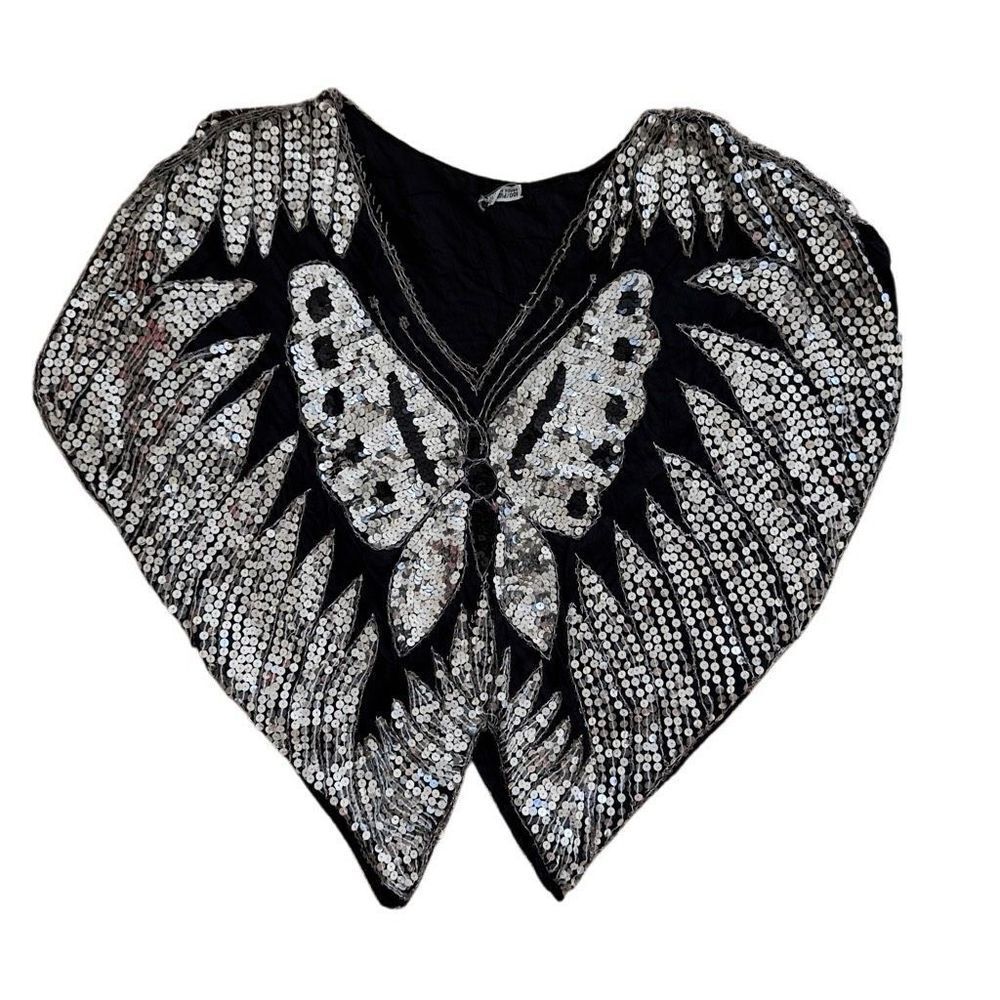 True vintage 70’s disco 100% silk beaded embroidered butterfly top OS